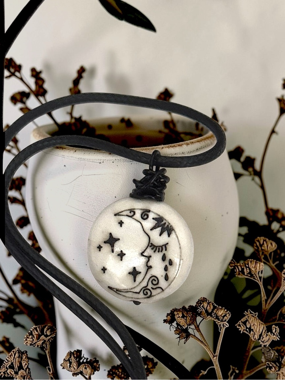 5 For $25💫Celestial White Moon & Stars Pendant Necklace with Black Cord